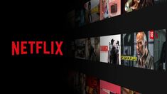 This may contain: the netflix logo is displayed on a wall with many different movies in red and black