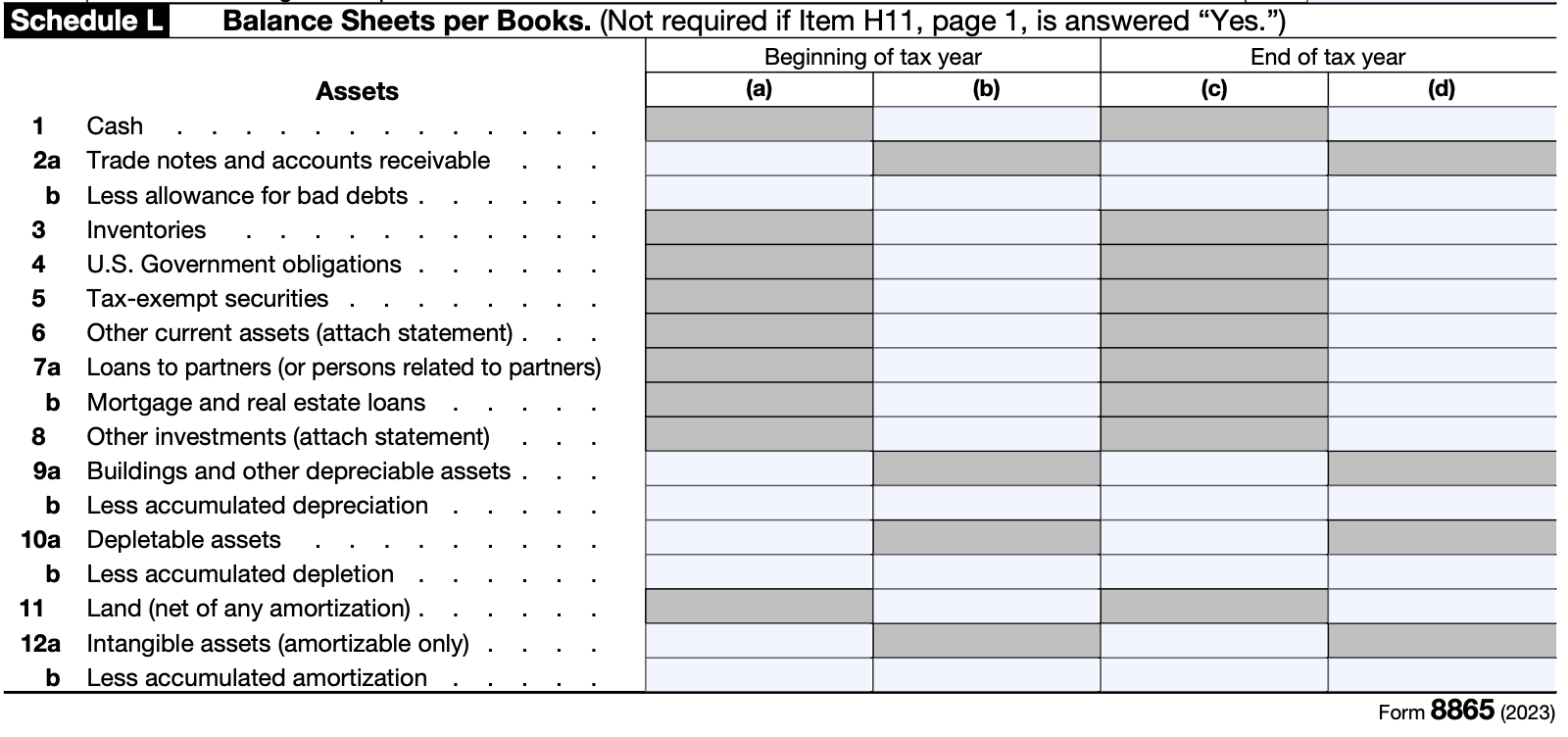 A screenshot of Schedule L: Balance Sheets per Books on Form 8865.