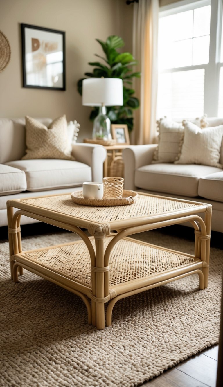 A beige rattan coffee table sits in the center of a cozy living room, surrounded by beige decor and furnishings