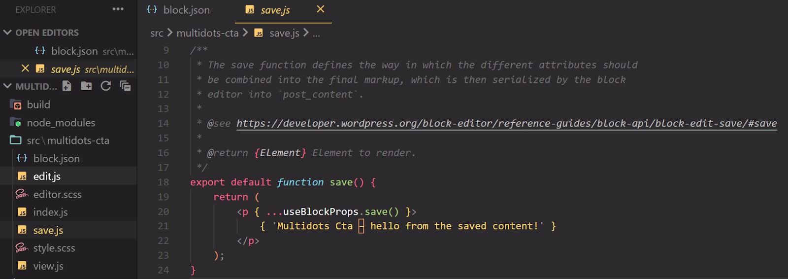 A screenshot of the save.js file in VS Code. 