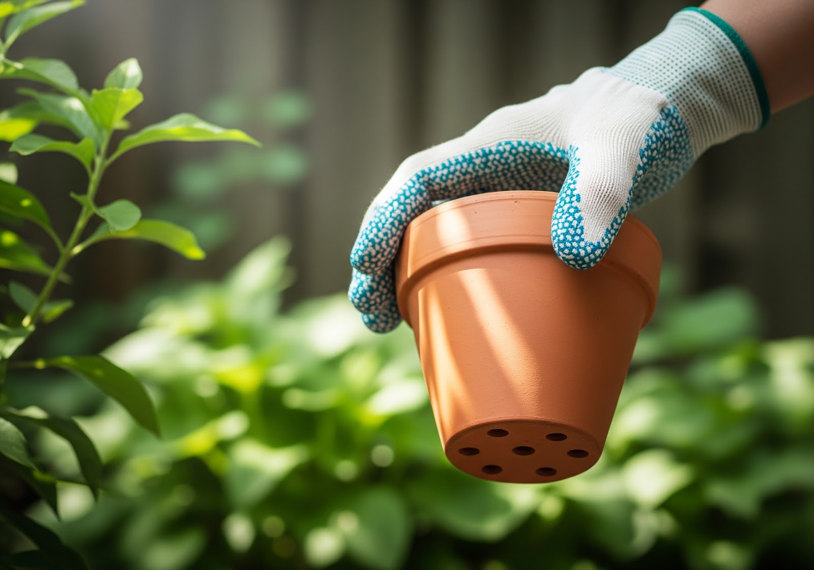 Uma mão usando luvas de jardinagem segurando um pequeno vaso de cerâmica com furos de drenagem no fundo, pronto para o plantio.