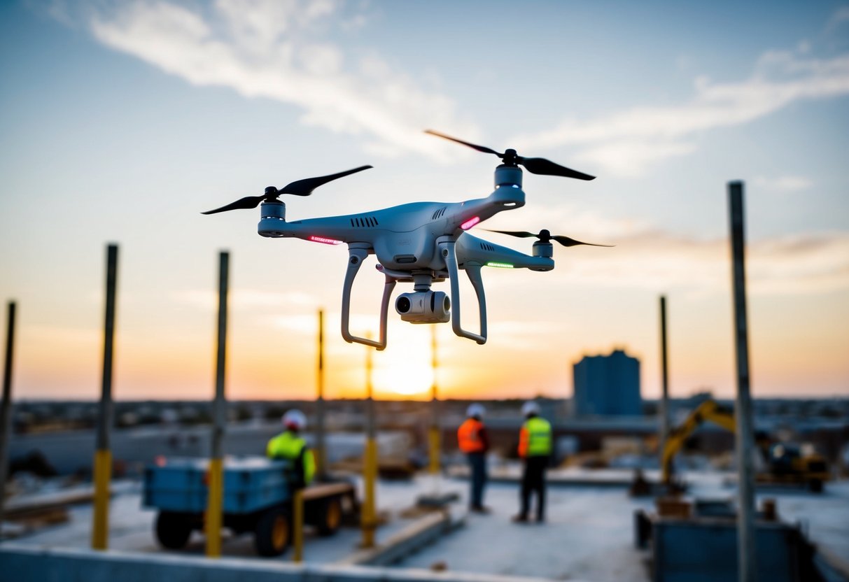 A drone hovers over a construction site, capturing the progress of workers and machinery. It provides real-time data and surveillance, increasing accessibility and efficiency