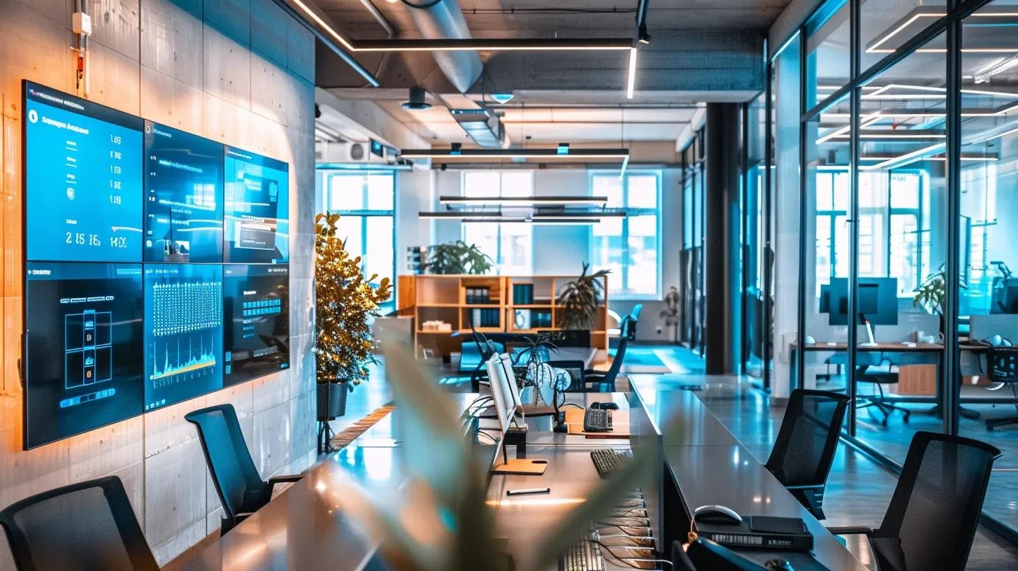 a sleek, modern office space features a vibrant digital dashboard displaying real-time chatbot interactions, capturing the essence of instant customer service and technology-driven efficiency.