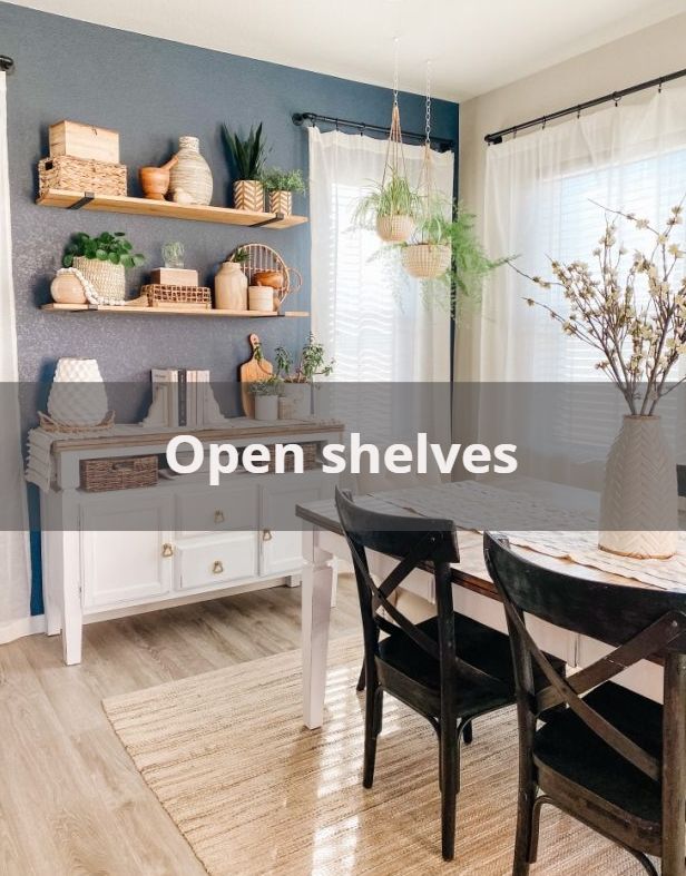 A dining room with open shelves