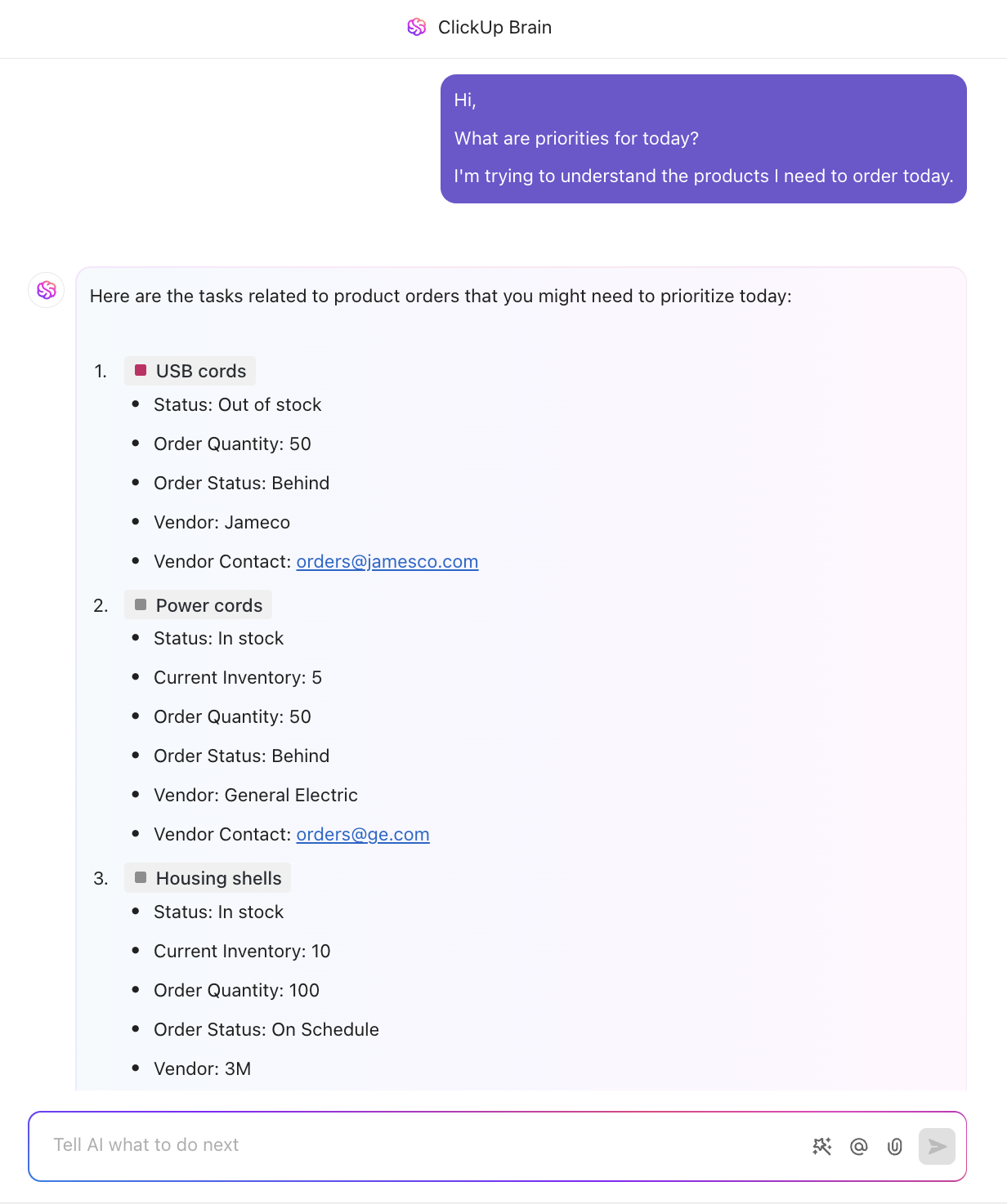 workload management tools: product re-order with ClickUp Brain