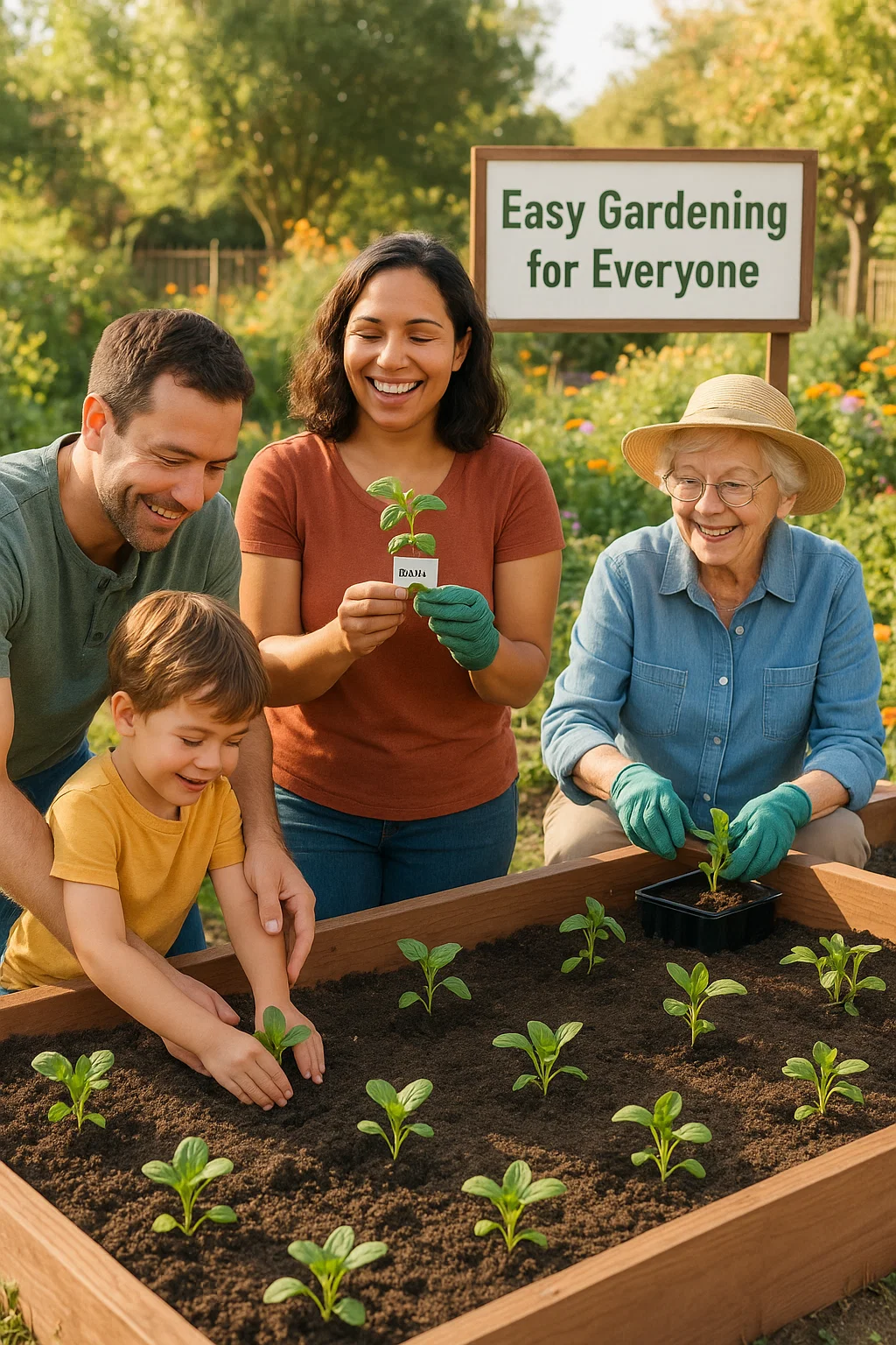 A warm, welcoming garden scene showing three different people happily planting seedlings: A child placing a seedling into the soil with help from a parent. A beginner gardener reading a simple plant tag and smiling confidently. An elderly person gardening from a raised bed while seated comfortably. Each person is handling seedlings with ease, and the garden space is bright, neat, and inviting. A sign in the background reads: “Easy Gardening for Everyone.” The overall tone is inclusive, stress-free, and joyful — highlighting how seedlings make gardening simple and accessible for all ages and experience levels. No cartoons used