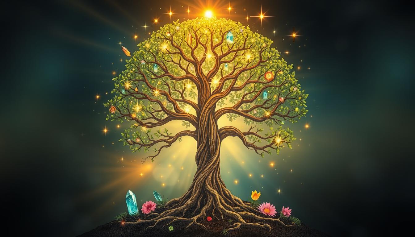 An image of a tree with multiple layers of roots, branches, and leaves, each representing a different manifestation technique. Each layer should be distinct yet interconnected, subtly blending into each other to create a powerful whole. The tree should be surrounded by symbols of abundance and positivity, such as shining stars, glowing crystals, and vibrant flowers. The overall feeling should be one of growth, progress, and unlimited potential.