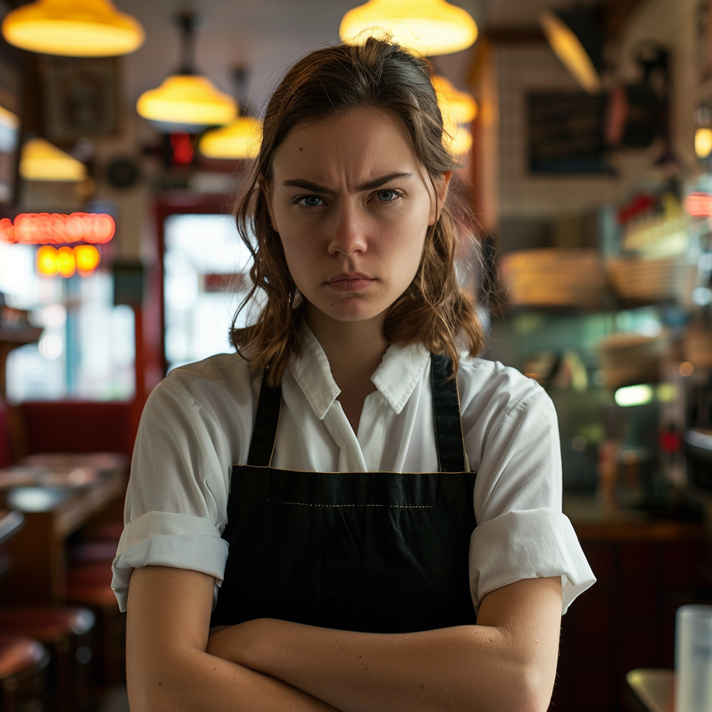 A grumpy waitress with folded arms | Source: Midjourney