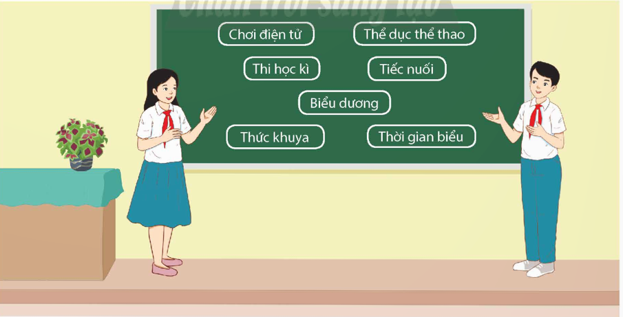 BÀI 6. QUẢN LÍ THỜI GIAN HIỆU QUẢMỞ ĐẦUEm hãy chia sẻ với các bạn về thời gian biểu của bản thân và tự nhận xét cách quản lí thời gian của mình.Đáp án chuẩn:Sáng dậy đi học, trưa ăn và nghỉ ngơi, chiều học, tối về ăn cơm, học bài và đi ngủ.KHÁM PHÁ1. Em hãy đọc thông tin sau và trả lời câu hỏi:- Chủ tịch Hồ Chí Minh quan niệm như thế nào về giá trị của thời gian và việc quản lí thời gian?- Theo em, thế nào là quản lí thời gian hiệu quả? Việc quản lí thời gian hiệu quả sẽ mang lại lợi ích gì cho mỗi chúng ta?Đáp án chuẩn:- Chủ tịch Hồ Chí Minh quan niệm:+ Một phút đồng hồ rất quý báu. + Khi quản lí được thời gian thì sẽ khỏi hấp tấp, vội vã mà tinh thần khoan khoái. - Quản lí thời gian hiệu quả là biết cách sắp xếp, sử dụng thời gian một cách hợp lí, không lãng phí để hoàn thành công việc theo kế hoạch đã đề ra.- Lợi ích: + Giúp chúng ta chủ động trong cuộc sống+ Nâng cao năng suất, hiệu quả công việc2. Em hãy đọc nội dung và các trường hợp sau để thực hiện yêu cầuTrường hợp:Đầu năm học lớp 9, bạn K và bạn B đăng kí tham gia thi đội tuyển học sinh giỏi và câu lạc bộ thể thao của trường. Trong khi chưa kịp xây dựng kế hoạch học tập, rèn luyện thì hai bạn đã đăng kí tham gia cuộc thi nghiên cứu khoa học dành cho học sinh ngay khi thấy thông báo của nhà trường. Tuy nhiên, cả bạn K và bạn B đều chưa rõ mình sẽ lựa chọn đề tài nghiên cứu nào. Do thực hiện nhiều công việc cùng một lúc nên việc học tập, rèn luyện thể dục thể thao của hai bạn đều gặp khó khăn.- Em hãy nhận xét cách thực hiện công việc của các nhân vật trong trường hợp trên.- Dựa vào các cách quản lí thời gian hiệu quả, em hãy gợi ý cho các nhân vật cách sử dụng thời gian hợp lí, tối ưu.Đáp án chuẩn:- Nhận xét: Bạn K và bạn B đều chưa quản lí thời gian hiệu quả. - Gợi ý:+ Xác định rõ mục tiêu cần đạt được. + Phân bổ thời gian, cách thức hoàn thành hợp lí3. Dựa vào cách quản lí thời gian hiệu quả, em hãy xây dựng thời gian biểu theo gợi ý dưới đây và thuyết trình trước lớp.Đáp án chuẩn:STTTên công việc cần hoàn thànhThời hạn hoàn thànhCách thức hoàn thành1Đi học thêm3 buổi trong tuầnĂn tối xong, ngồi nghỉ 15 phút rồi đi học thêm2Ngủ trưa1 tiếng mỗi ngàyĂn trưa xong, ngồi nghỉ 15 phút rồi đi ngủ3Làm bài tập về nhà1 tiếng mỗi ngàyĂn tối xong, ngồi nghỉ 15 phút rồi đi ngủ4Tập thể dục20 – 30 phút mỗi ngàyMỗi sáng sớm thức dậy đi tập thể dục LUYỆN TẬPCâu 1: Dựa vào các từ khoá dưới đây, em hãy viết một câu chuyện về việc quản lí thời gian của bản thân. Sau đó, chia sẻ và nhận xét về cách quản lí thời gian từ câu chuyện của chính mình.Đáp án chuẩn:- Mỗi ngày, em đều mải mê thức khuya chơi điện tử, bỏ quên việc học. Thấy vậy, mẹ em liền bảo nếu em chăm chỉ, nỗ lực học hành thì sau này sẽ để lại nhiều tiếc nuối với bản thân. - Thời gian biểu: Sáng dậy đi học, trưa ăn và nghỉ ngơi, chiều học, tối về ăn cơm, học bài và đi ngủCâu 2: Dựa vào các cách quản lí thời gian hiệu quả, em hãy tư vấn cách giải quyết phù hợp trong các trường hợp sau:Trường hợp 1:Gần đến ngày kiểm tra giữa học kì nhưng bạn C chỉ xem bài qua loa một chút rồi chơi điện tử đến tận khuya và đi chơi cùng các bạn vào cuối tuần. Bạn C tự nhủ: “Còn hai tuần nữa mới thị, chẳng có gì phải vội”.Trường hợp 2:Bạn A xác định mục tiêu công việc cần thực hiện trong Học kì I là: cải thiện kết quả học tập từ loại khá lên loại giỏi; tự học thêm một môn ngoại ngữ yêu thích; học võ cổ truyền; tham gia câu lạc bộ thể dục thể thao. Tuy nhiên, sau một thời gian thực hiện, bạn A cảm thấy mệt mỏi và muốn bỏ cuộc.Đáp án chuẩn:- Trường hợp 1: khuyên bạn C nên xây dựng kế hoạch ôn tập hợp lí, ôn tập lại từ đầu những phần kiến thức đã được học.- Trường hợp 2: khuyên bạn A nên tiếp tục thực hiện mục tiêu công việc cần thực hiện đã đề ra.Câu 3: Dựa vào kết quả thực hiện thời gian biểu của bản thân trong hoạt động khám phá, em hãy báo cáo kết quả thực hiện theo gợi ý sau:Đáp án chuẩn:Nội dungKết quảHạn chếĐề xuất cách khắc phụcTiết kiệm thời gianTiết kiệm được nhiều thời gian0 Hiệu quả công việcHiệu quả tốt0 Kết quả học tậpThành tích tốt0 Sự chủ độngCó chủ động0 Tâm trạngVui vẻ0  VẬN DỤNG