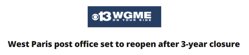 WGME: West Paris post office set to reopen after 3-year closure