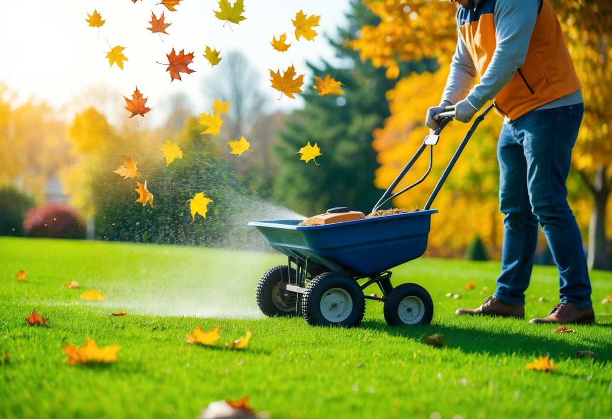 A sunny autumn day with colorful leaves falling on a lush green lawn being fertilized by a person using a spreader