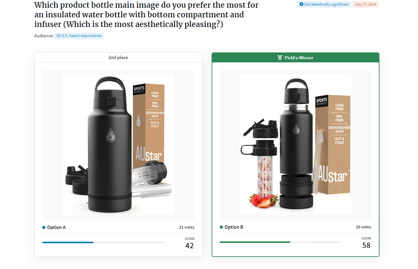 Comparing two product images side by side of an insulated water bottle. 