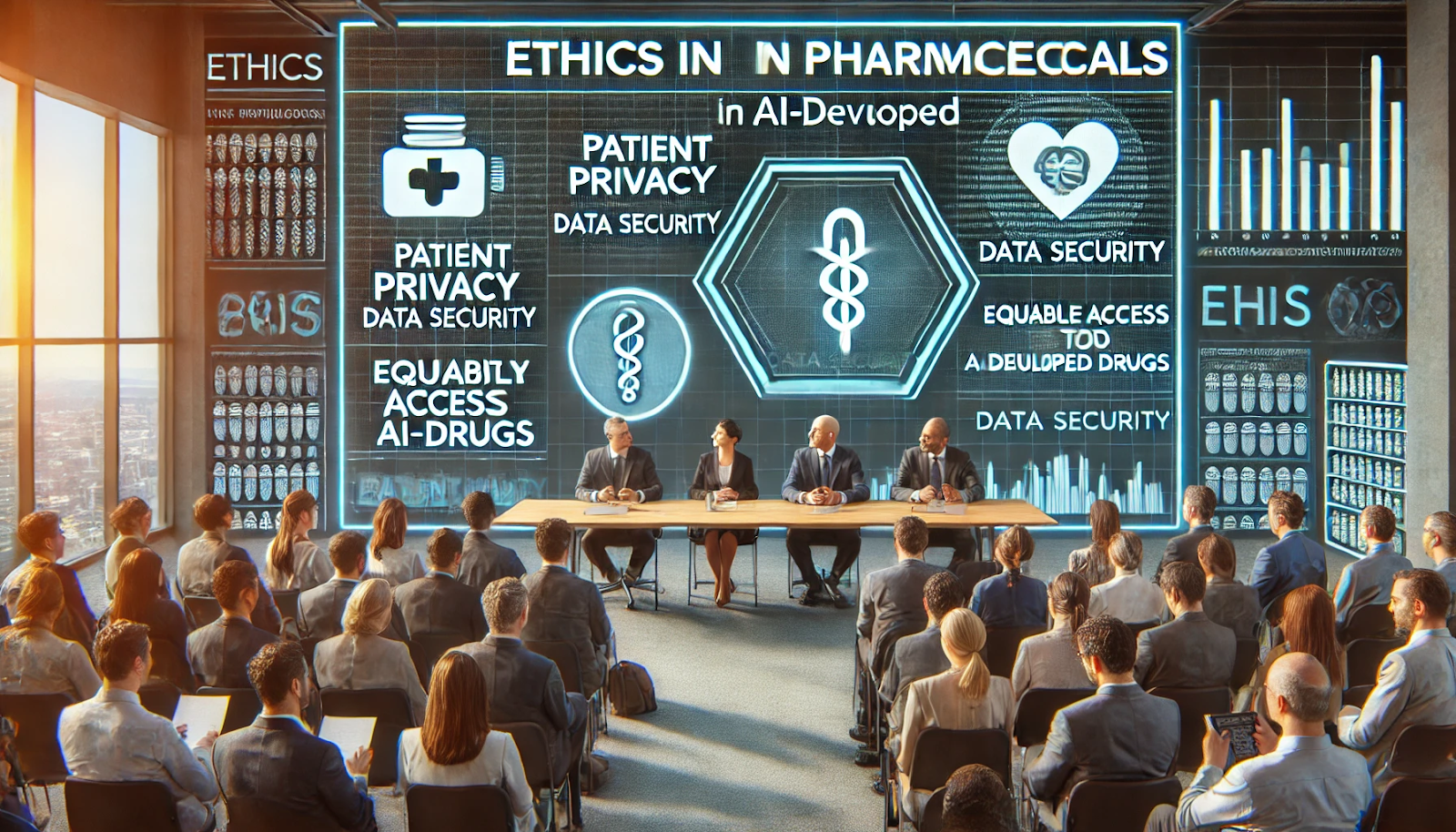 Professionals discussing ethical issues in AI-driven pharmaceutical research during a panel discussion, focusing on patient privacy and data security.