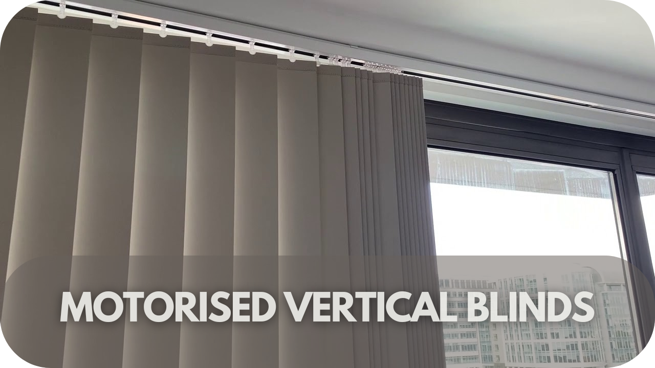 Convenient motorised vertical blinds, offering effortless light control and a contemporary look.