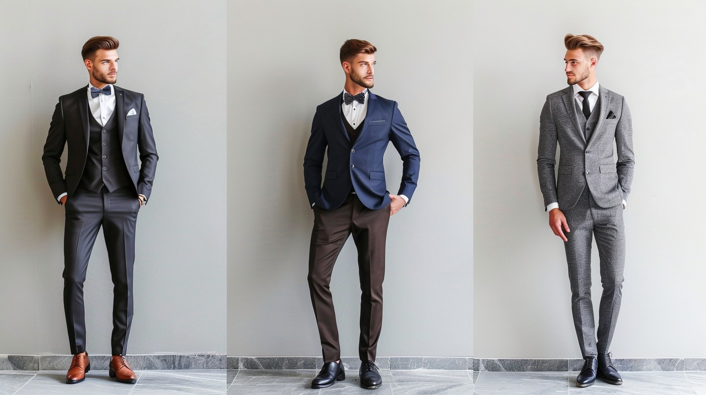 Show three timeless prom styles for men: a black tuxedo with a white shirt and bow tie, a navy suit with brown shoes and a white shirt, and a grey suit with black tie and shoes. Each look is sharp, formal, and suitable for prom.