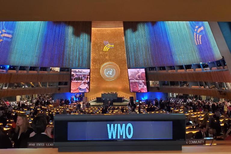 A large conference hall filled with attendees, featuring a stage with a large emblem and multiple screens displaying images. The foreground shows a sign with "WMO.