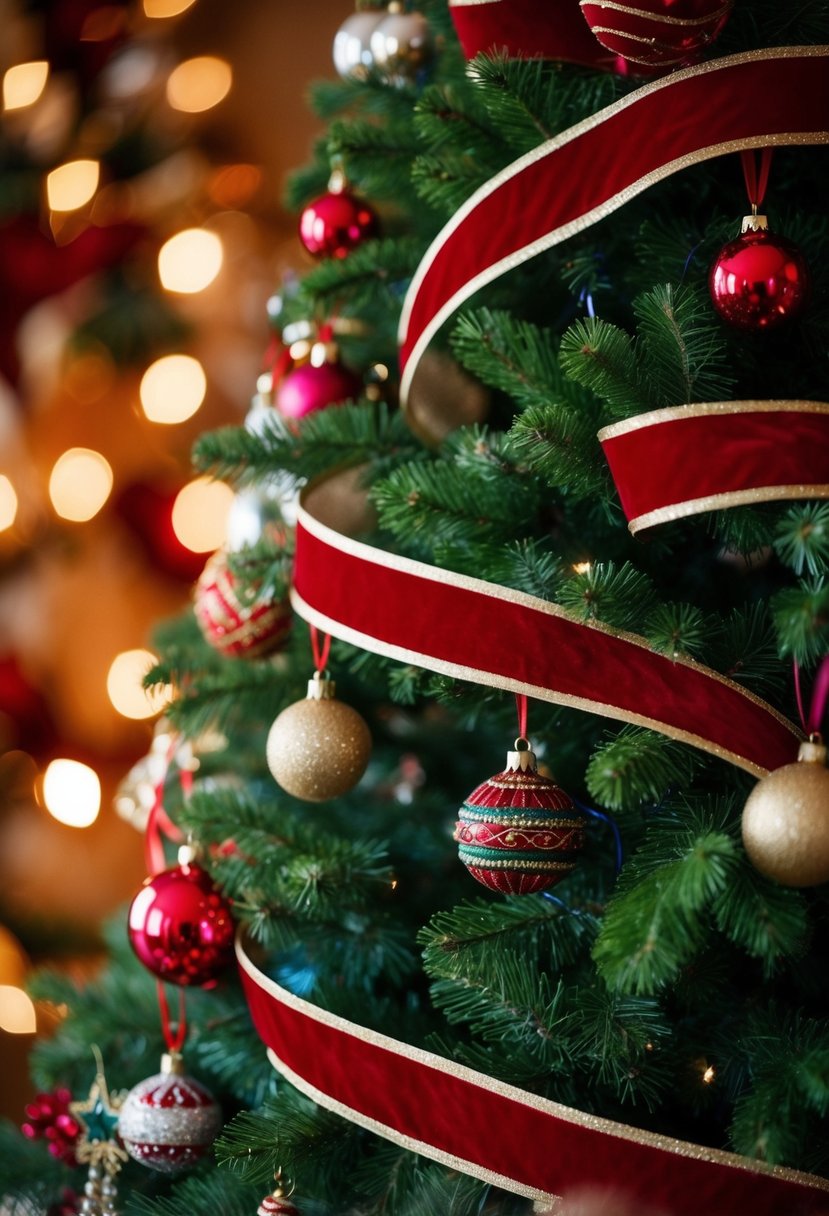 A Christmas tree adorned with velvet ribbon streamers and various festive decorations