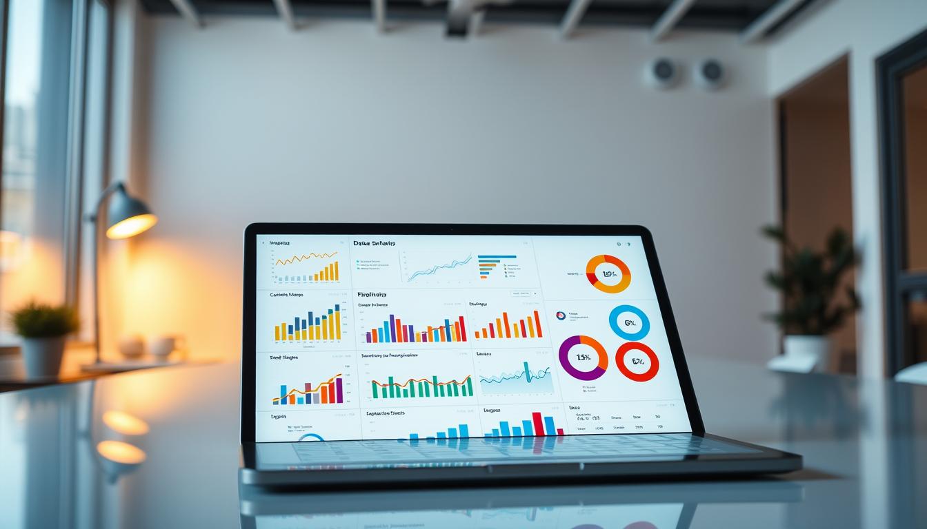A sleek, modern data dashboard illuminated by soft, directional lighting, showcasing colorful graphs, charts, and infographics that visually represent the core principles of data-driven digital marketing strategies. The foreground features a laptop or tablet displaying insightful analytics, while the background showcases a minimalist office setting with clean lines and neutral tones. The overall mood is one of efficiency, clarity, and a data-driven approach to driving business growth, reflecting the section title &amp;quot;Estratégias de marketing digital baseadas em dados&amp;quot;.