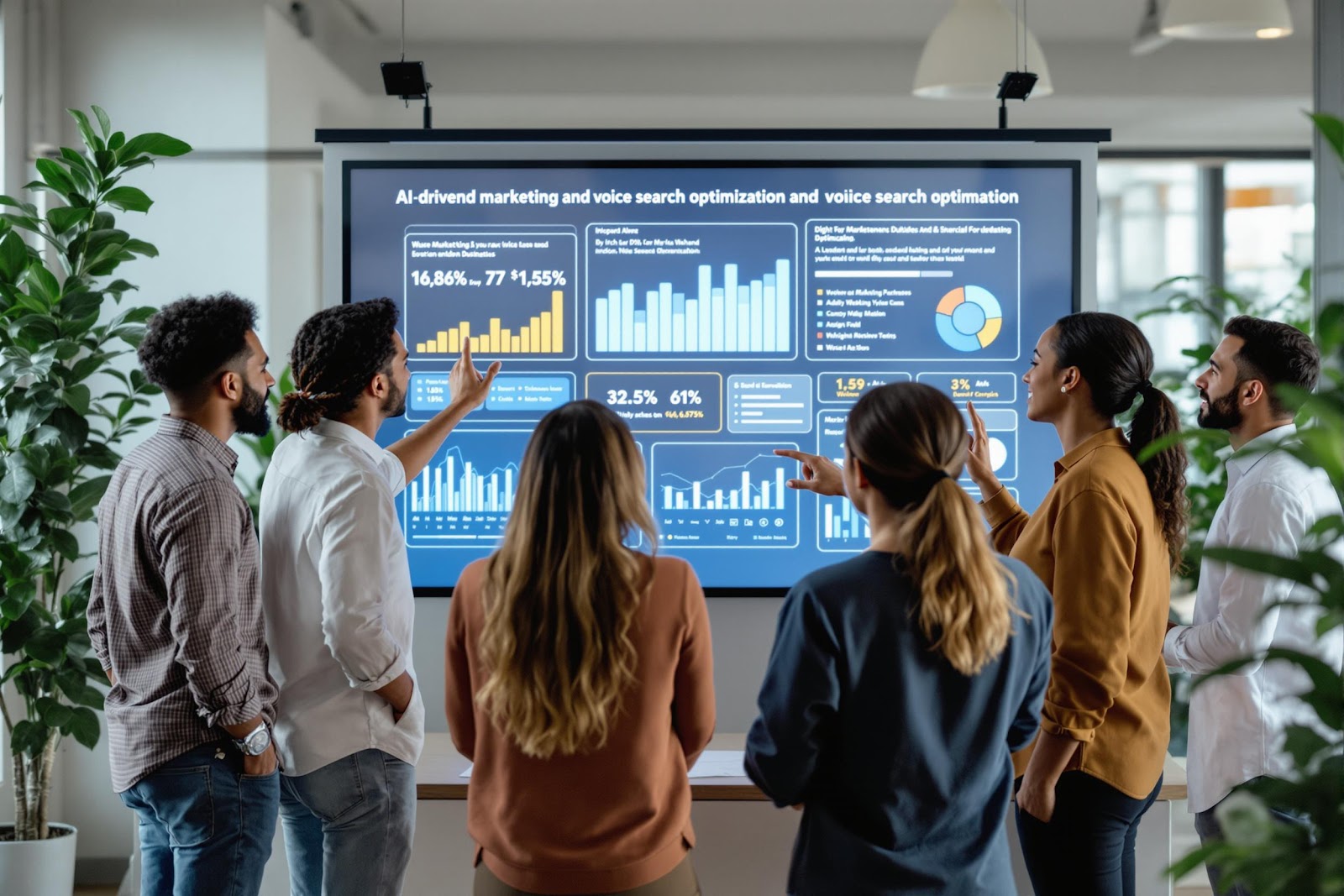 Small business owners engaging with digital marketing trends on an interactive digital screen, symbolizing the integration of modern technology and sustainability.