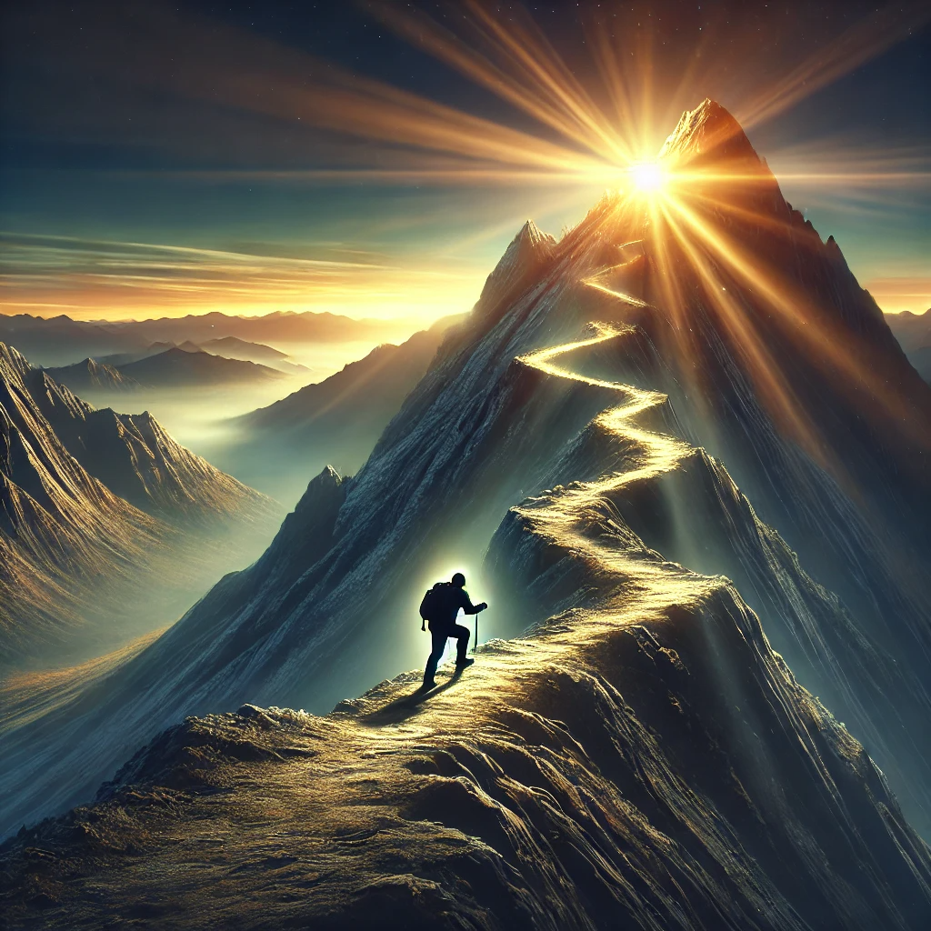 A symbolic image of a person climbing a steep, rugged mountain at sunrise. The climber appears determined, with the glowing sun in the background representing hope and achievement. The difficult path is illuminated by soft light, symbolizing perseverance, personal growth, and the rewards of embracing gratitude. The scene conveys the theme of overcoming obstacles and transformation through gratitude.