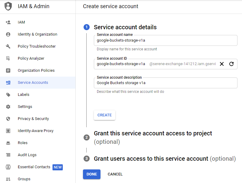 Creating a service account in Google cloud storage