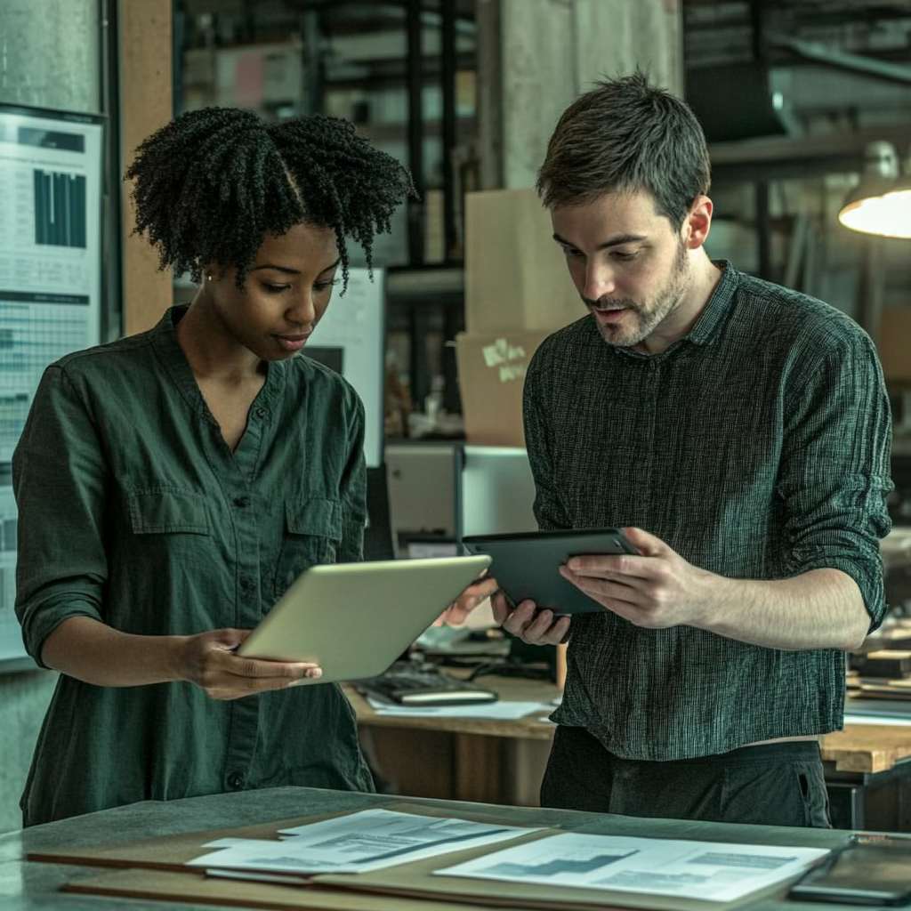 Leader reviewing leadership development assessment results with a mentor in a sophisticated office setting, focusing on growth and improvement.