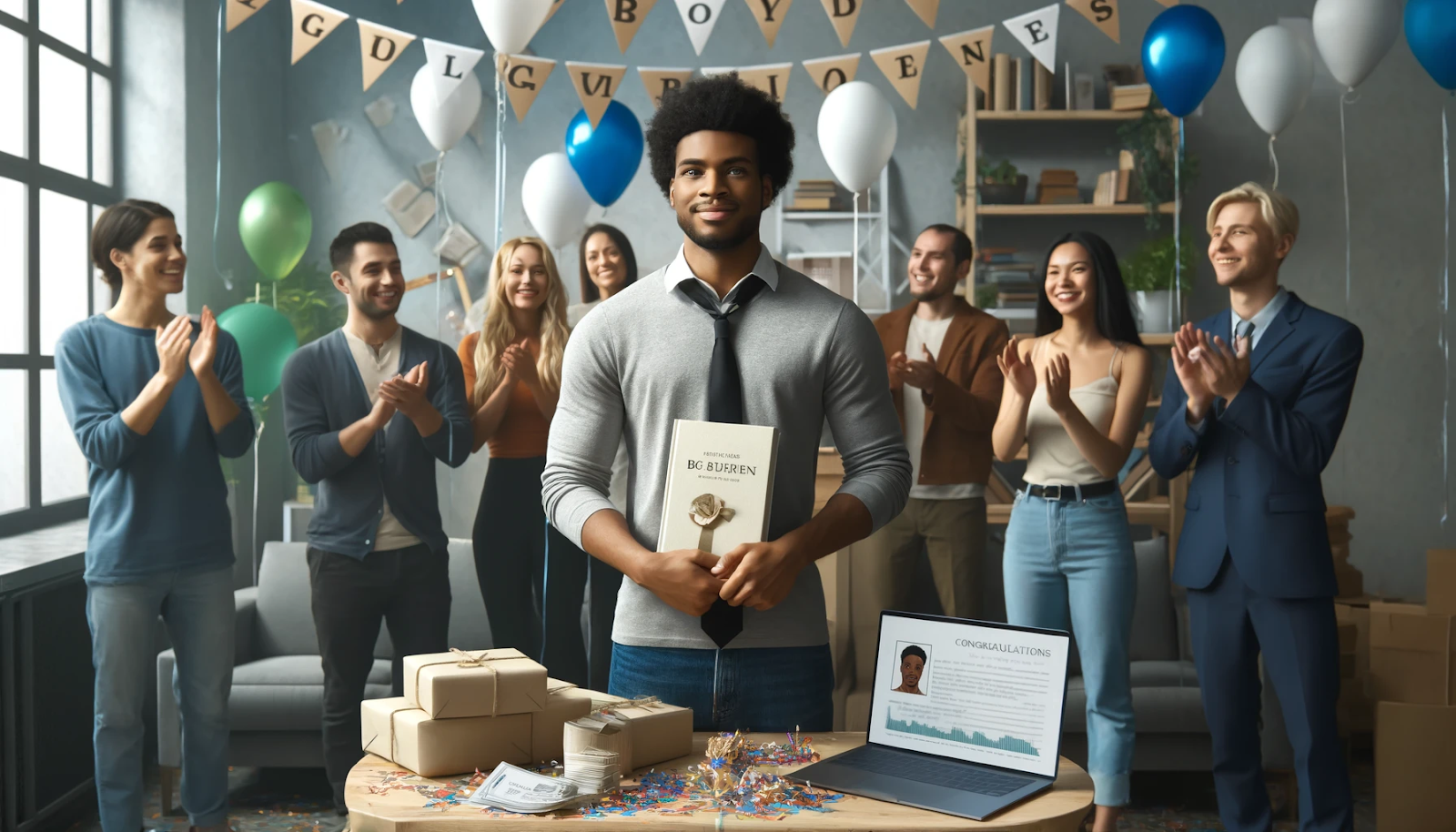 A young author stands proudly at a celebration, holding his newly published book while friends and supporters applaud. The festive scene features balloons, confetti, and a laptop displaying his publishing success.