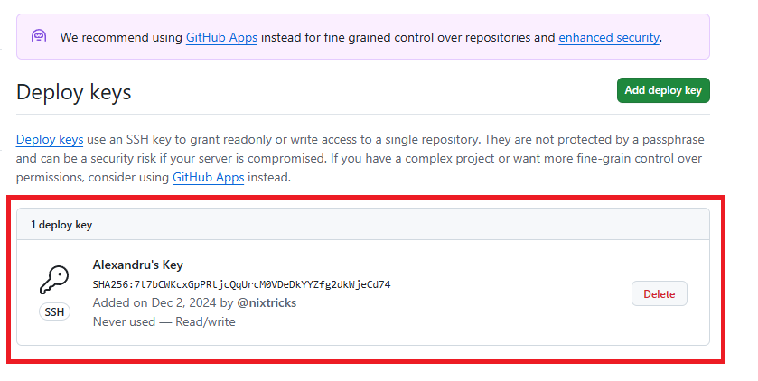 Screenshot of how to add SSH keys to GitHub repository: Key added, key fingerprint shown in image