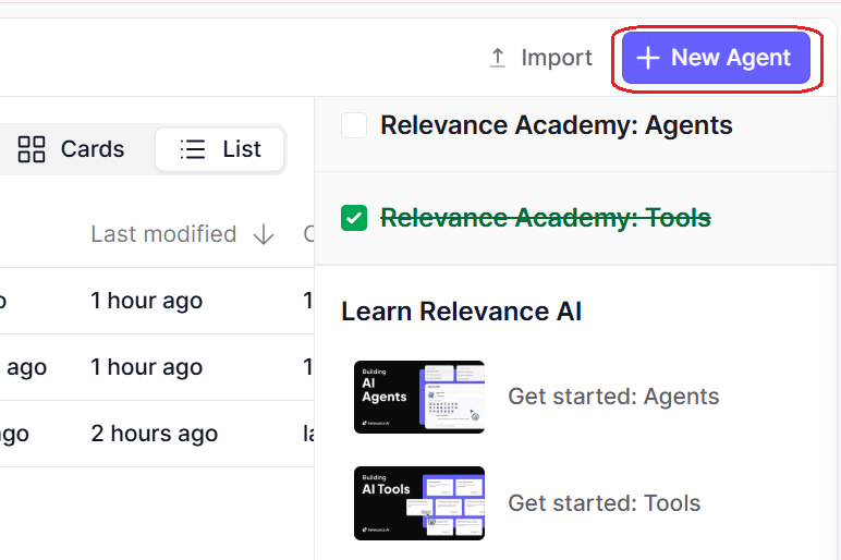 New agent option in Relevance.ai