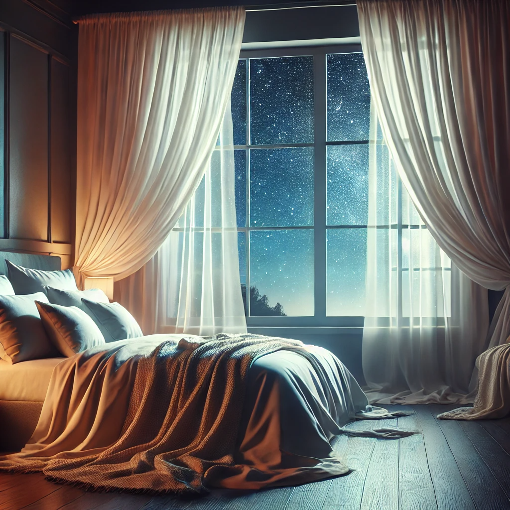 A tranquil bedroom at night with a large, inviting bed featuring soft pillows and cozy blankets. The sheer curtains move gently in a breeze by an open window, revealing a serene view of a starry sky. Soft moonlight fills the room, creating a peaceful and restful atmosphere, evoking the feeling of a perfect sleep oasis.