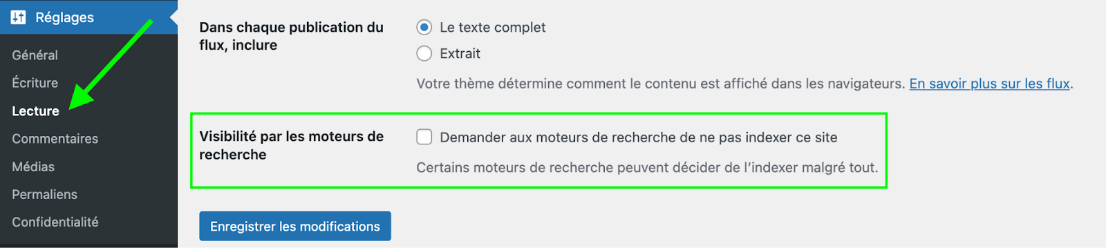 reglages indexation wordpress