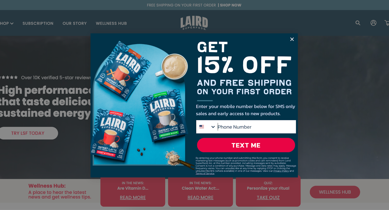 Screenshot of Laird Superfood's website with a discount popup.