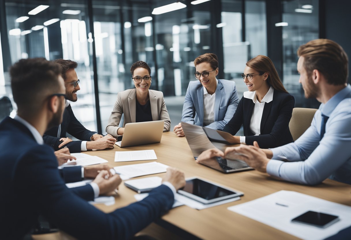 A bustling office with a team of professionals brainstorming, analyzing data, and discussing strategies around a conference table