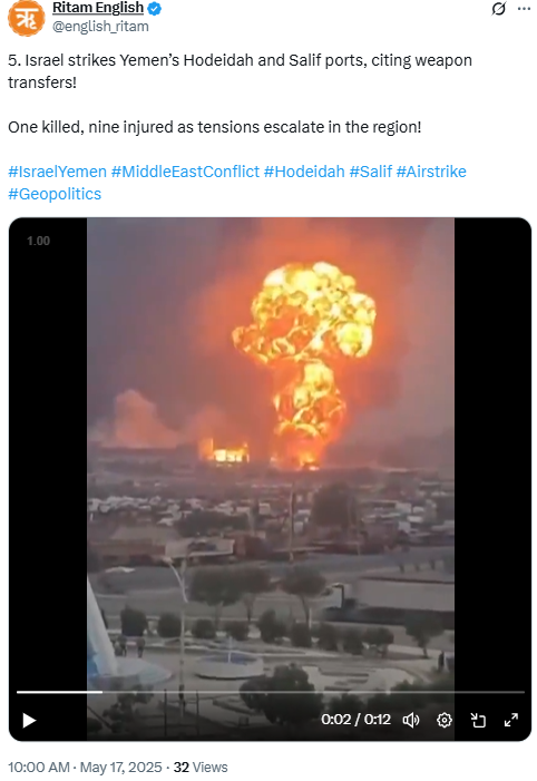 Israel strikes Yemen’s Hodeidah and Salif ports, citing weapon transfers! One killed, nine injured as tensions escalate in the region!