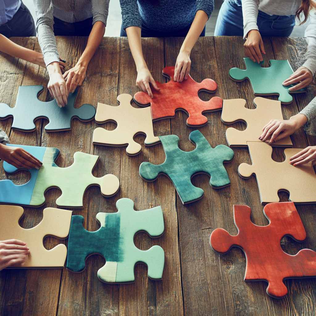 Diverse team assembling a colorful puzzle together, symbolizing the enhancement of collaboration and cohesion through team personality assessments.