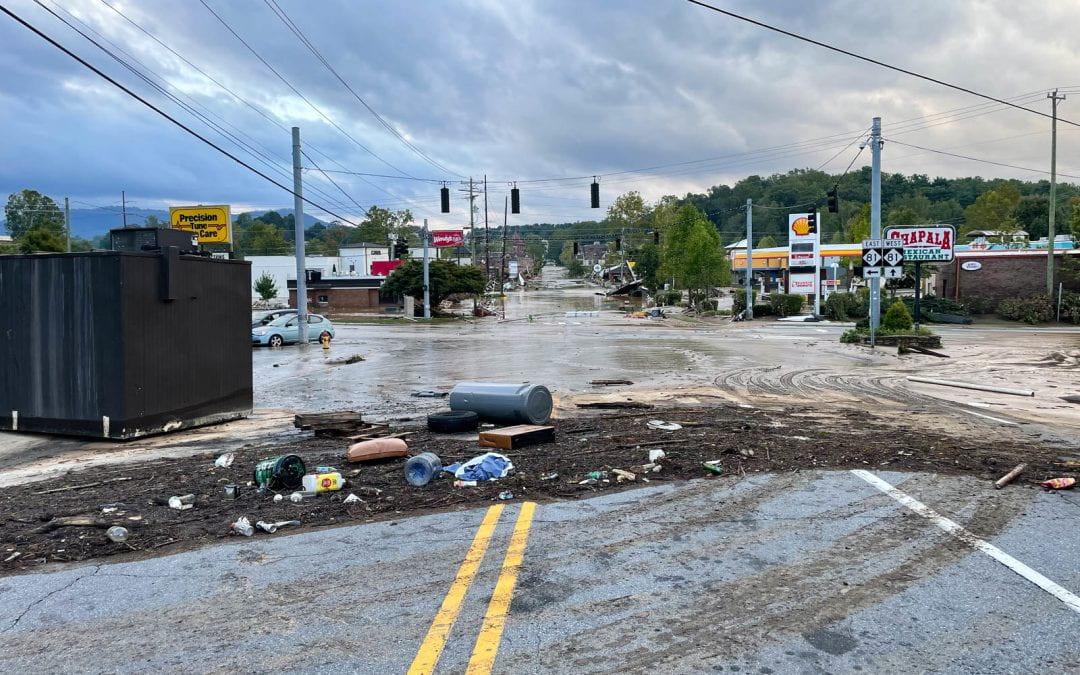 Flood waters from the Swannanoa River inundated the Biltmore Village area of Asheville, North Carolina following Hurricane Helene’s landfall in Florida.