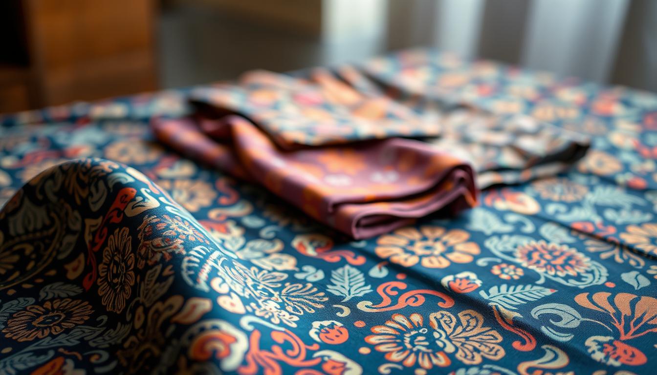 A neatly arranged flat lay showcasing the authentic features of a genuine Malaysian batik fabric. In the foreground, a close-up view reveals the intricate hand-drawn patterns, vibrant colors, and the distinct wax-resist technique. In the middle ground, a variety of batik samples are displayed, highlighting the diversity of designs and motifs. The background is softly blurred, placing the focus on the textural quality and craftsmanship of the fabrics. Subtle side lighting accentuates the sheen and depth of the batik, creating a sense of authenticity and quality. The overall mood is one of appreciation for the traditional artistry and cultural heritage of Malaysian batik.