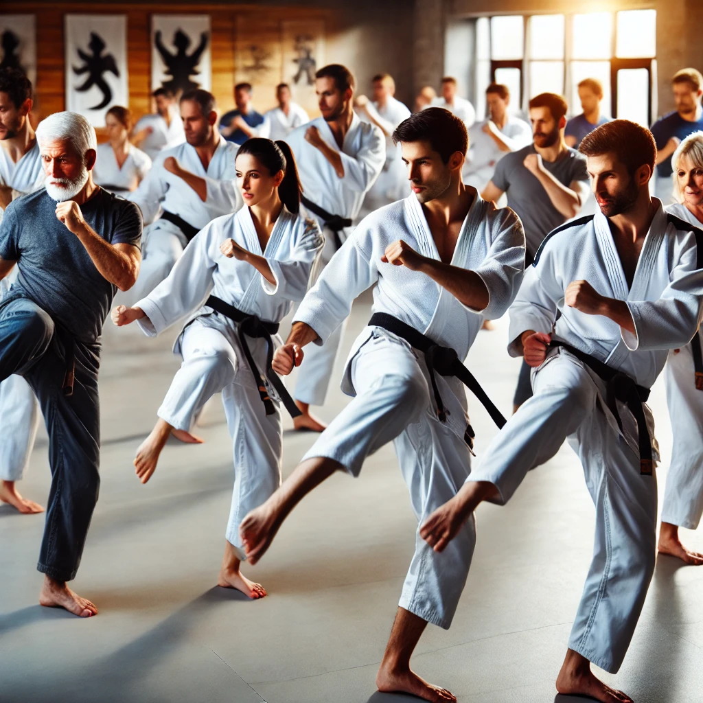 Adults practicing martial arts for improved fitness and strength