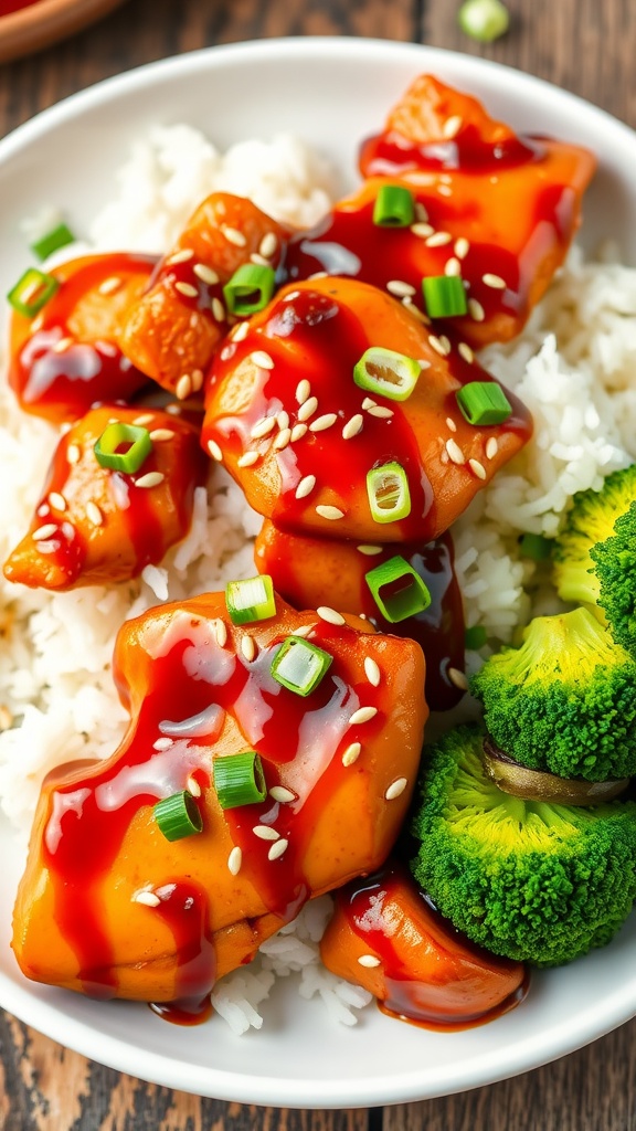 Teriyaki chicken served on rice, garnished with sesame seeds and green onions alongside broccoli.
