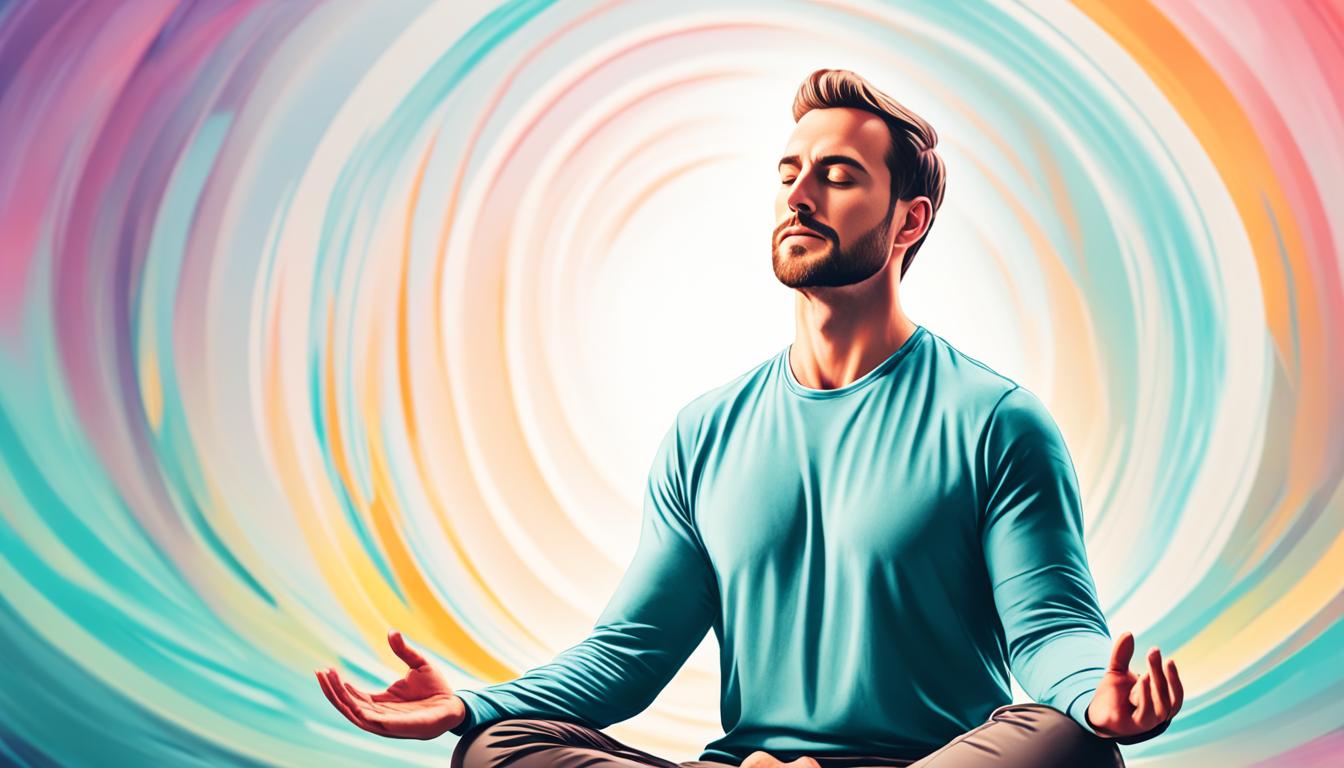 Create an image of a person meditating and visualizing a shield around them while someone who used to like them is seen walking away in the background. The person meditating has a serene expression on their face and the colors in the image should be calming and peaceful.