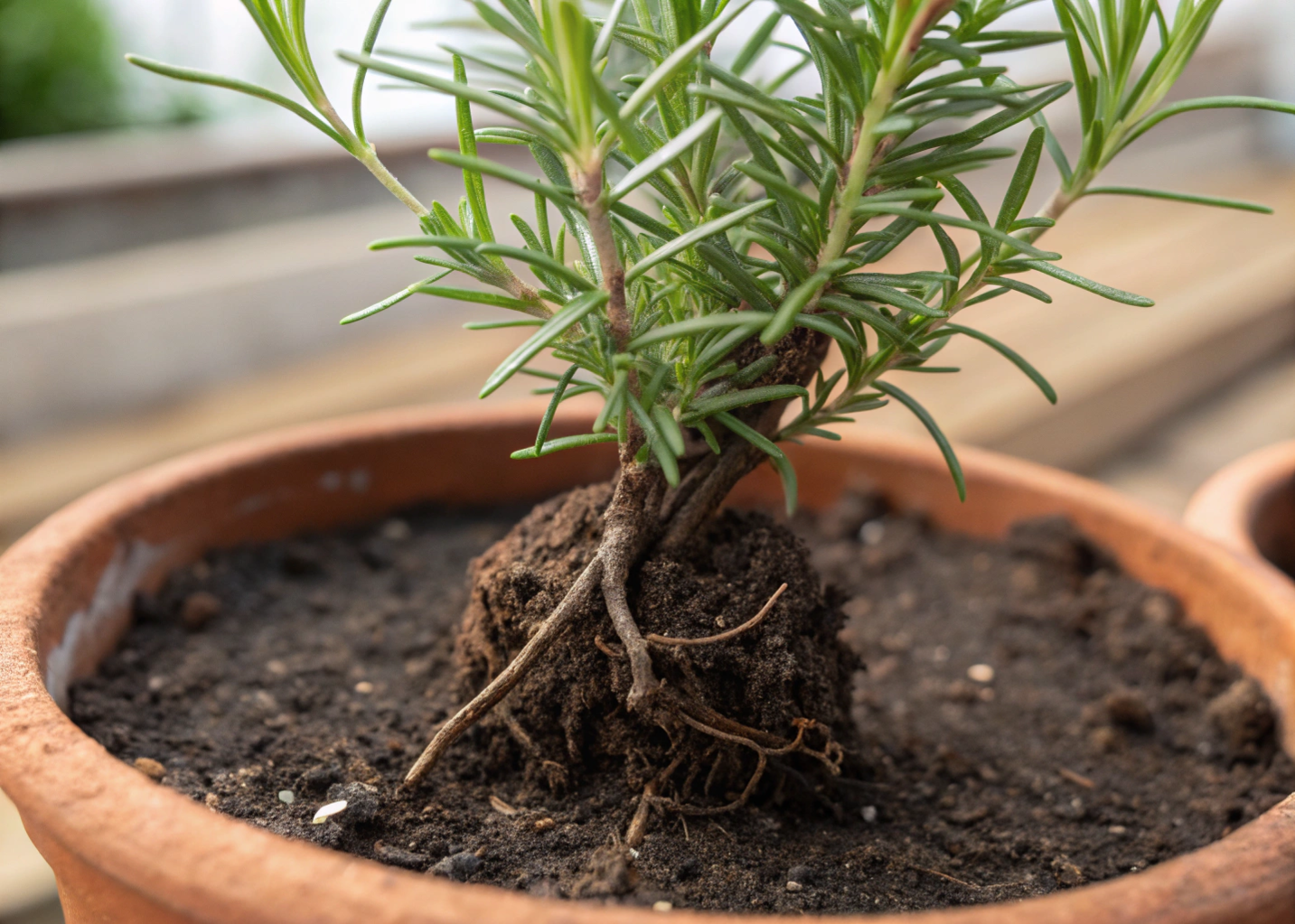 Muda de alecrim recém-plantada em vaso, mostrando detalhes das raízes