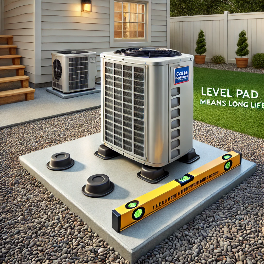 HVAC condenser installed on concrete pad over compacted gravel, with level tool and rubber vibration pads visible
