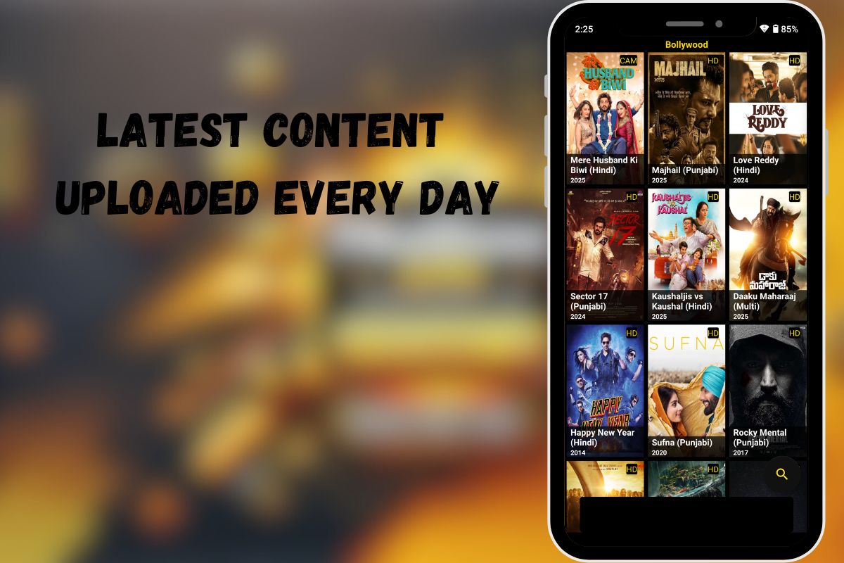 Pikashow APK interface on a smartphone with Bollywood movies and a message saying "Latest Content Uploaded Every Day," highlighting daily updates.