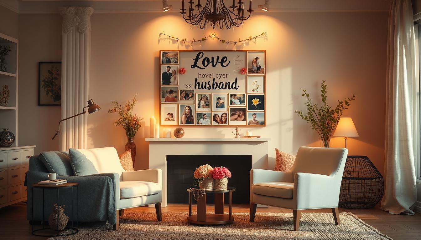 A serene, cozy living room filled with warm light, a beautifully arranged space featuring romantic decor elements, like candles and flowers, a vision board with images symbolizing love and partnership, soft textures and inviting colors, a pair of empty chairs facing each other, symbolizing the intention to welcome a husband into life.