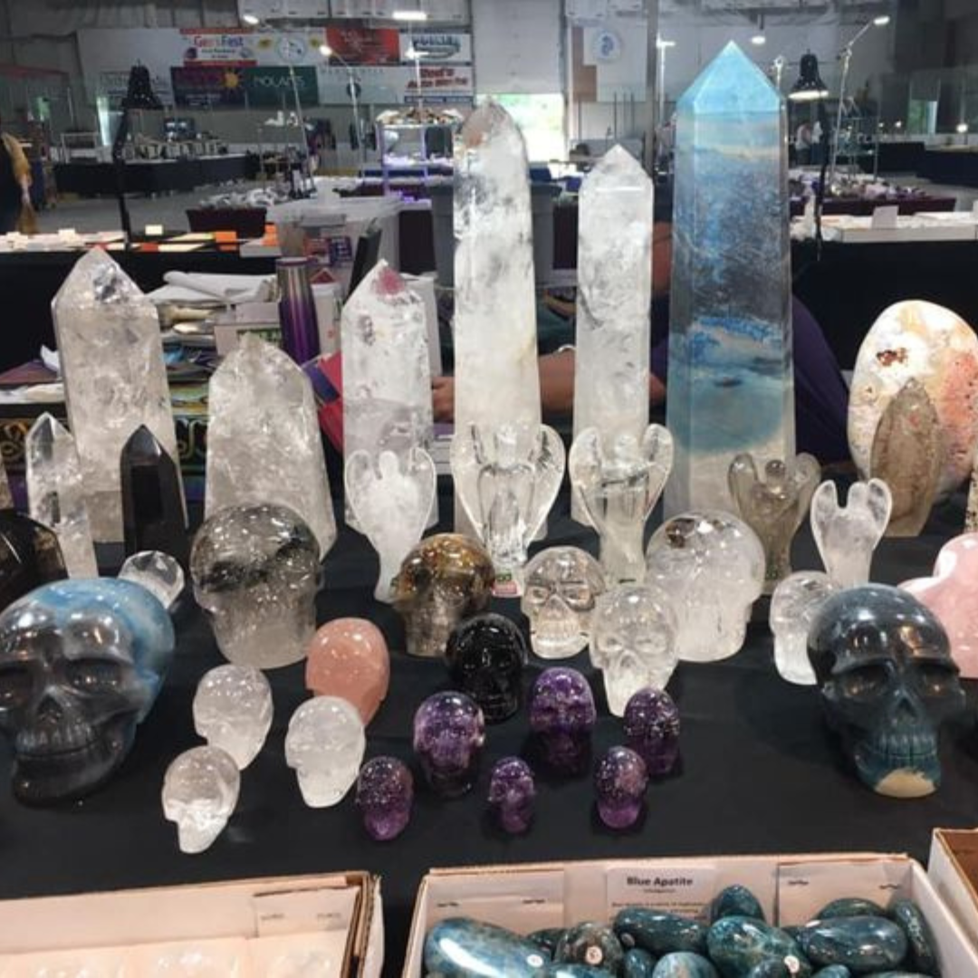 Various polished minerals, skulls, towers, angels etc.