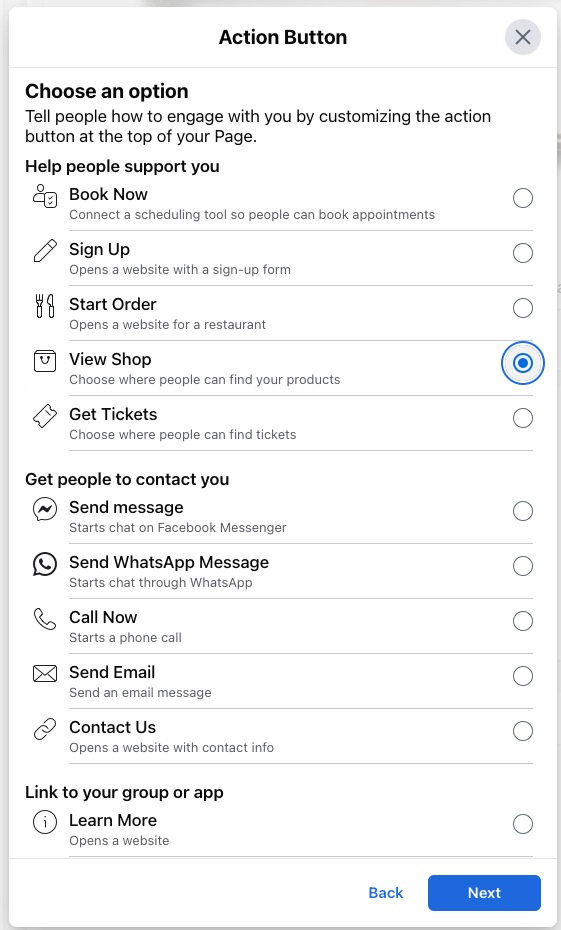 Options listed for Facebook business Page action button