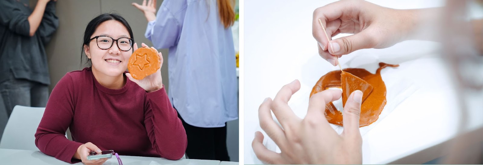 Left: A student shows off their finished treat. Right: A toothpick is used to carefully etch out the inside shape of the dalgona.