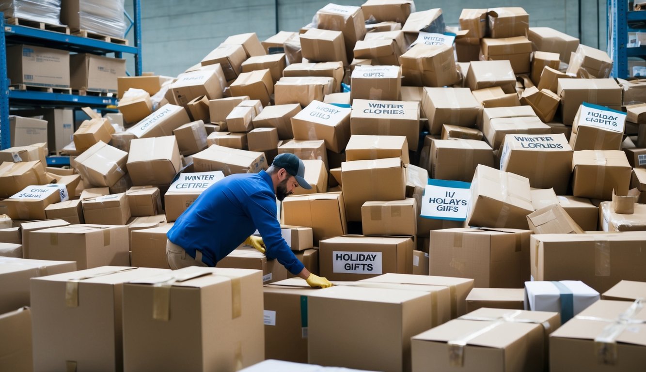 A mountain of returned packages sits in a warehouse, some labeled "holiday gifts" and others "winter clothing." A worker sorts through the items, considering the seasonal implications for return management