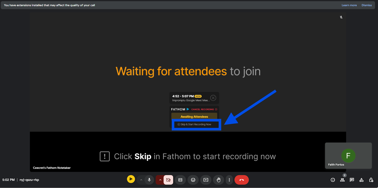 A screen showing the Fathom app interface with a "Skip and Start Recording" button to initiate meeting recording.