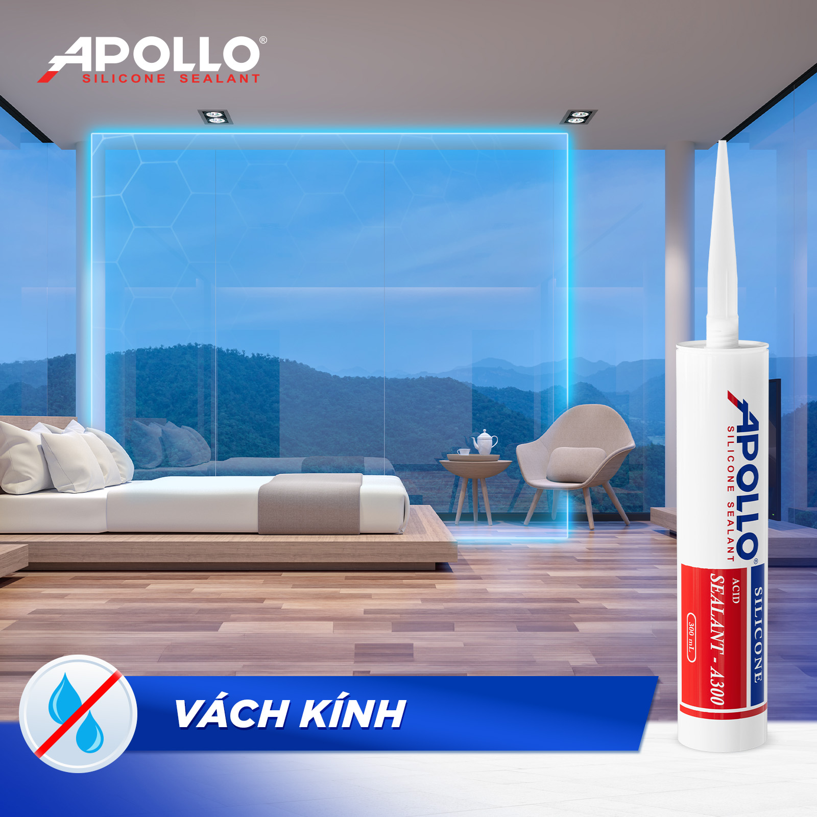 Apollo Silicone A300 - Keo silicone chống nước cho vách kính và liên kết kính - kính